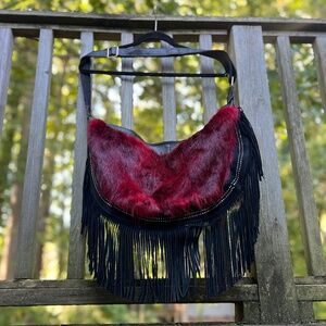 CROSSBODY LEATHER, FUR FRINGE PURSE ADJUSTABLE STRAP BLACK + DARK RED TONES FUR